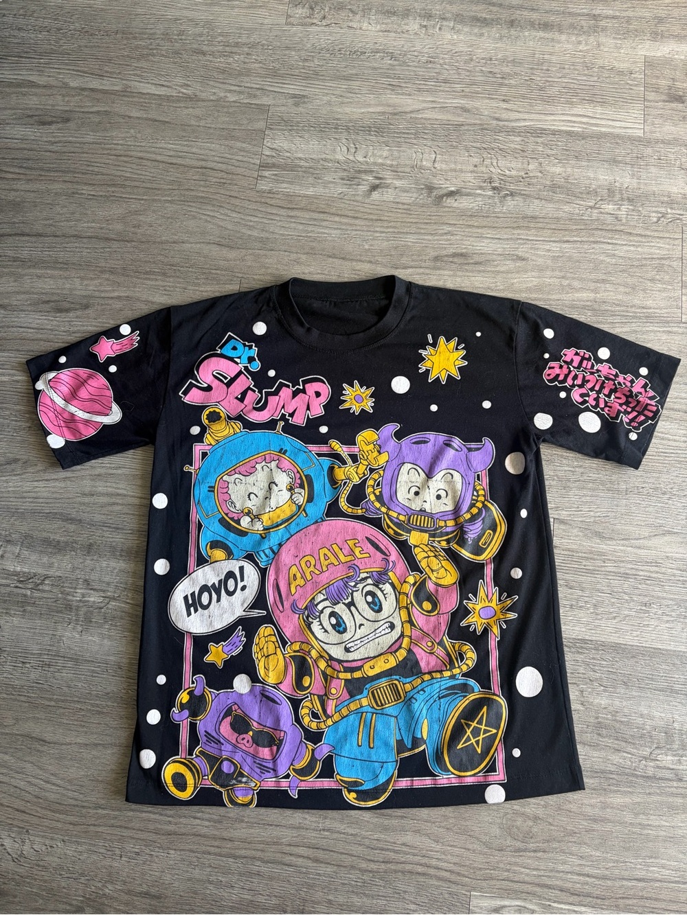 Arale x Dr. Slump adult Graphic Tee - Black with Pink & Blue Print